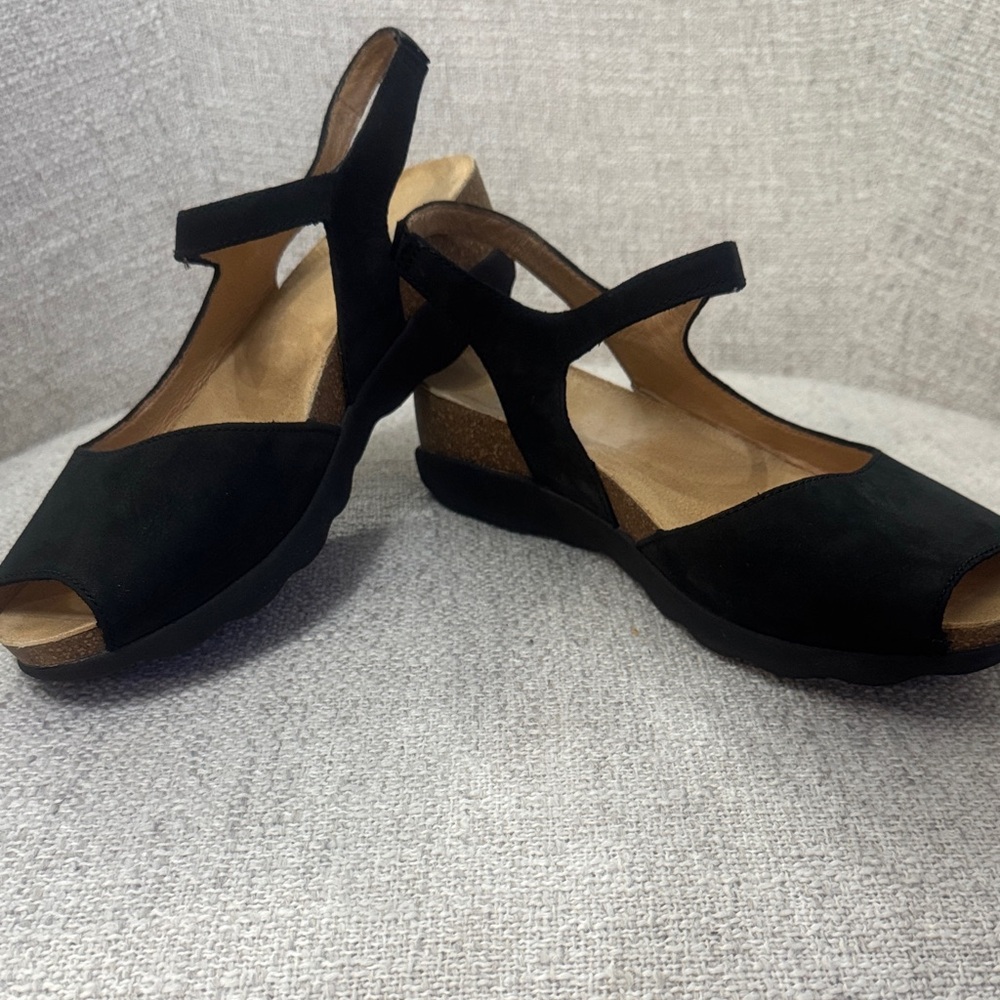 Women’s Dansko Black Suede Open-Toe Wedge Sandals. Super cute & comfortable!